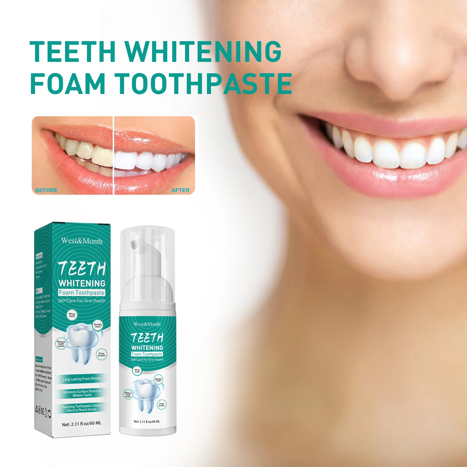 Foam Toothpaste, Fresh Breath and Whitening Toothpaste, Tooth Anti-moth Oral Cleaning, Tooth Stains and Gum Protection