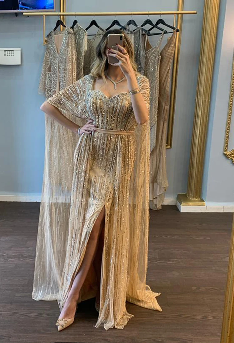 

Luxurious Gold Beaded Cape Open Back Sexy فساتين السهرة vestidos de fiesta فساتين سهره evening dresses