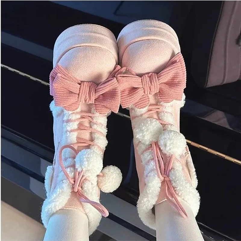 2025 Winter Lolita Boots Sweet Mid-Calf Snow Boots Bowknots Wedge Heightening Shoes Flannel Female Boots Woman Warm Chunky Shoes view 6