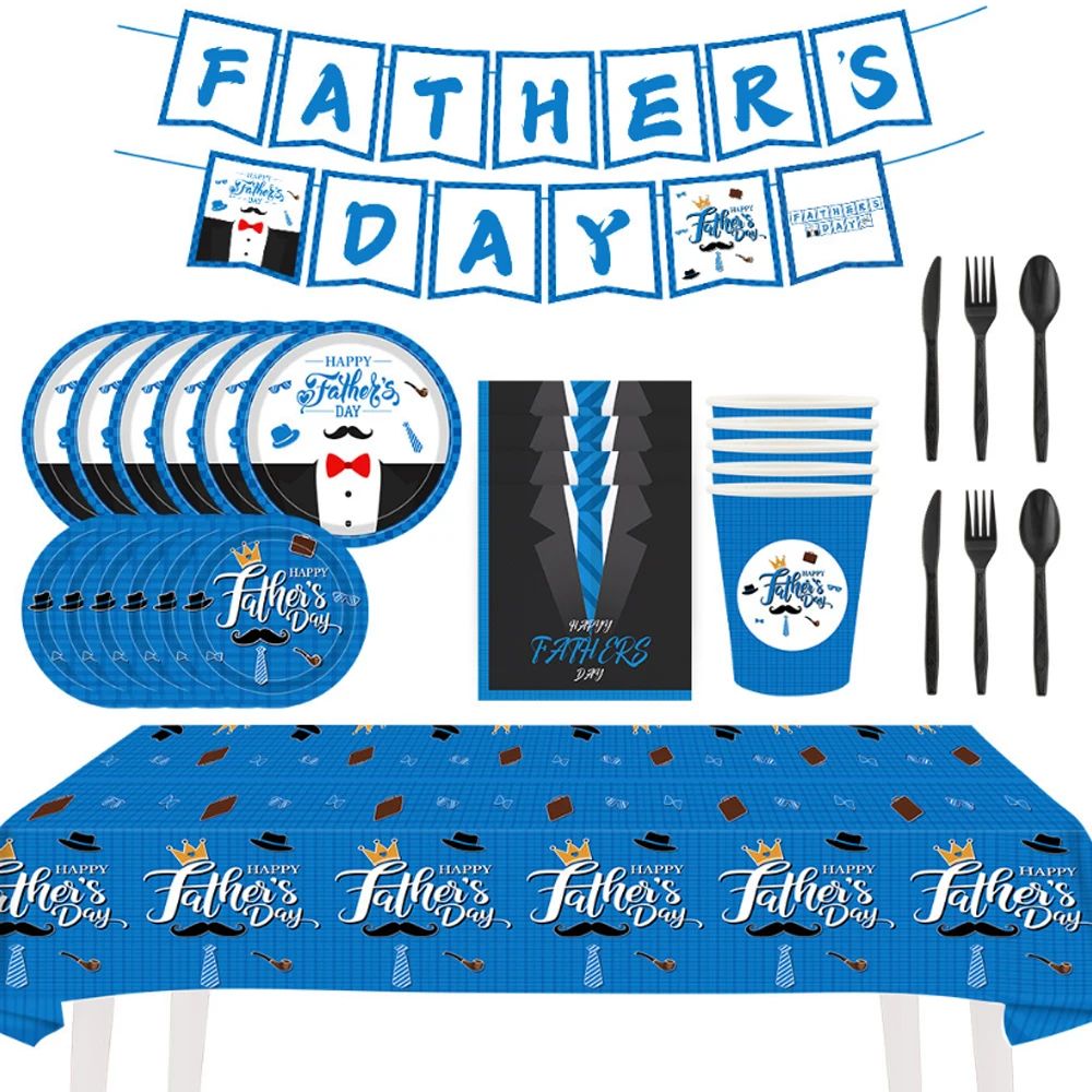 

New Father's Day Party Theme Paper Plate, Knife, Spoon, Table Cloth, Flag Pulling Party Disposable tableware Background Decor