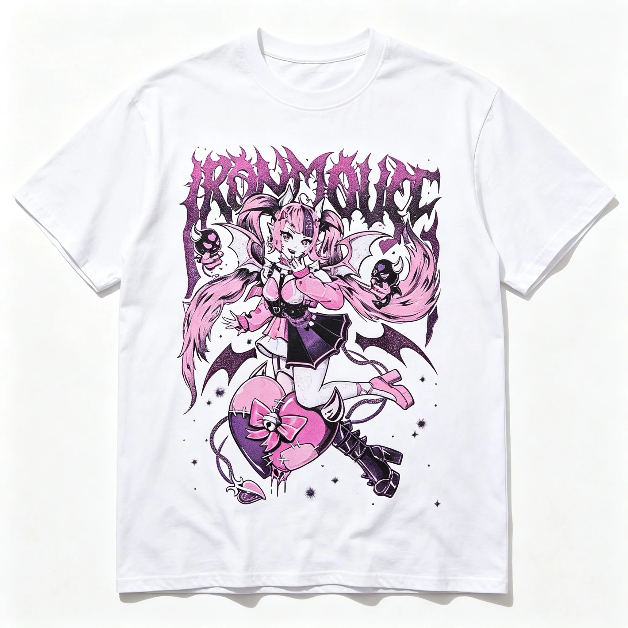 2026 New Y2k Parent‑Child Matching Unisex Oversized T‑Shirt Pastel Goth Demon Anime Girl Heavy Metal Font Front Streetwear Tops