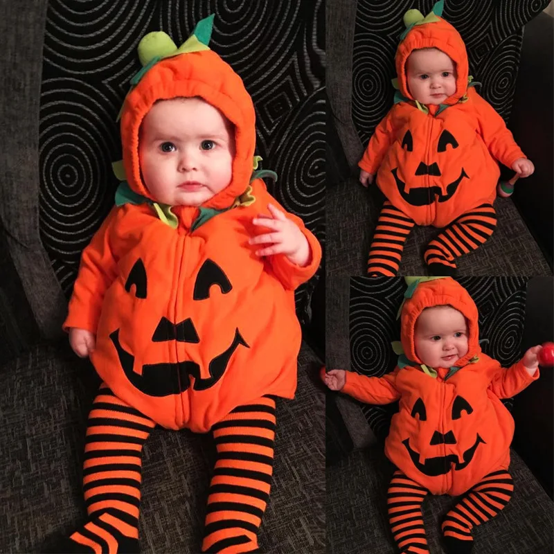 

ins children's new Halloween pumpkin crawler costume cute sleeveless hooded zipper ha jumpsuit