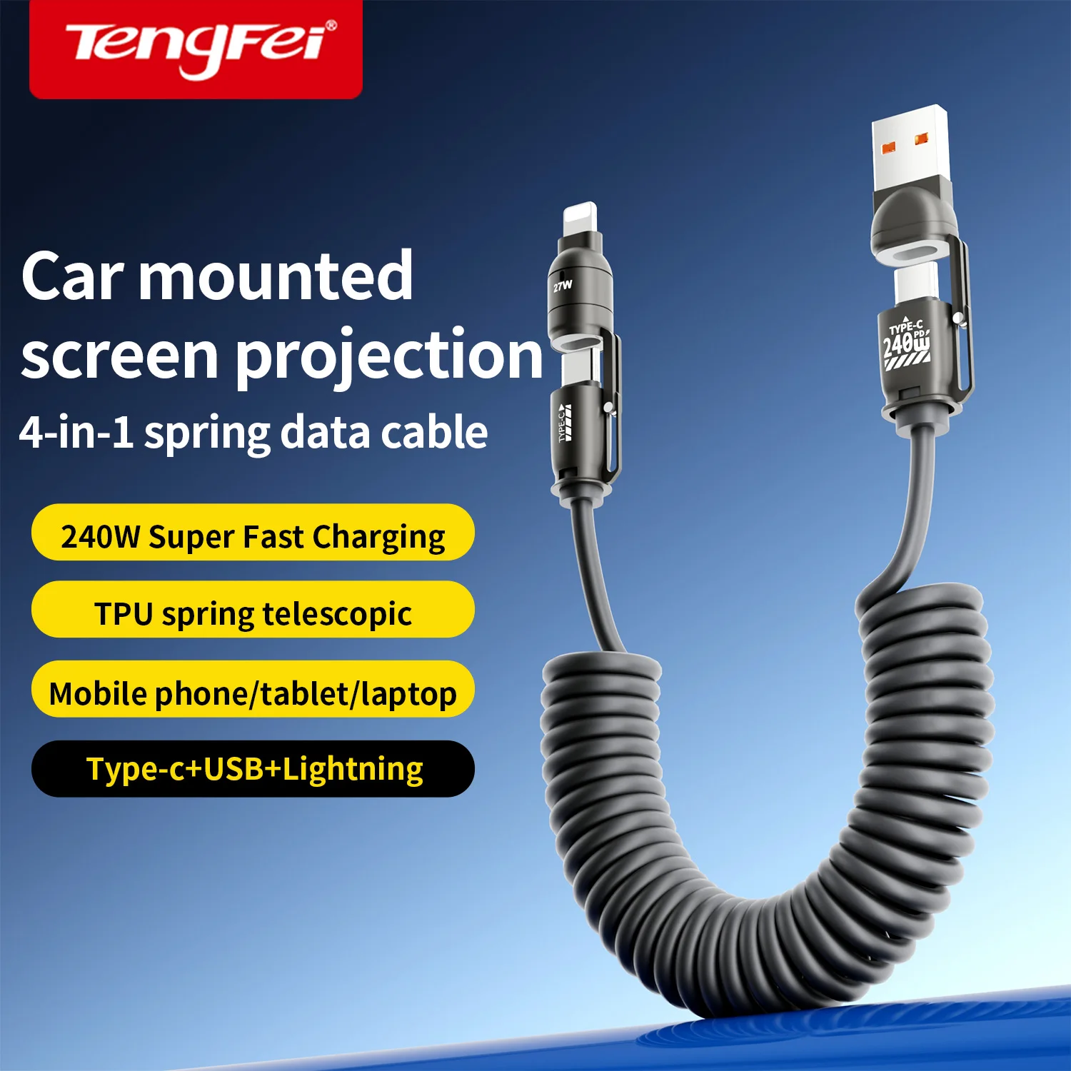 4-in-1 240W Super Fast Charging Data Cable, Spring Retractable, Supports In-Car CarPlay Navigation, Applicable iPhone 17/16, Hua