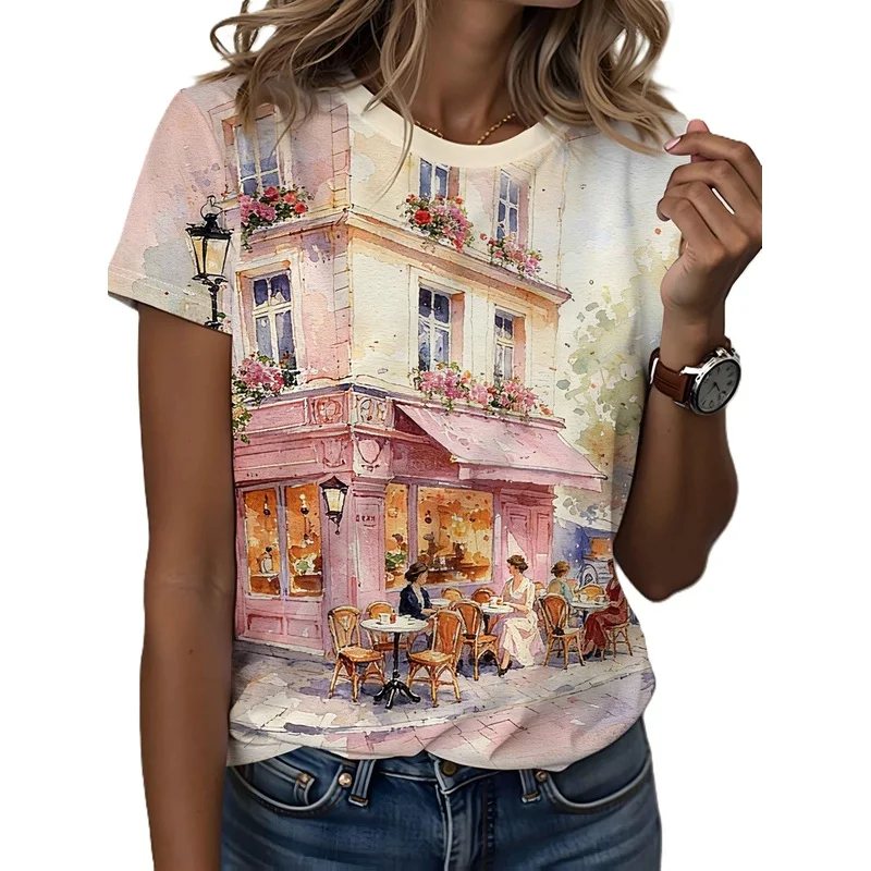 Printed Design - Not Textured Women's round neck T Shirt，Casual short-sleeved top，French artistic style