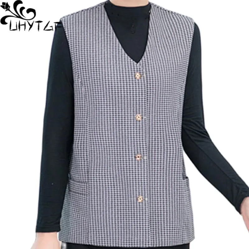 

UHYTGF 4XL Women Spring Autumn Coats Middle-Aged Elderly Thin Vest Female Plaid Sleeveless Casual Mother Waistcoat Jackets 2111