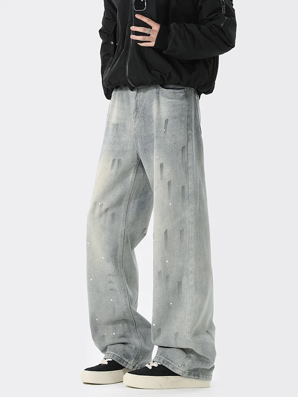 

American fiti Dyeing Straight Leg Men's Jeans Casual Heavyweight Trendy Wide Leg Long Pants Cotton Polyester Blend