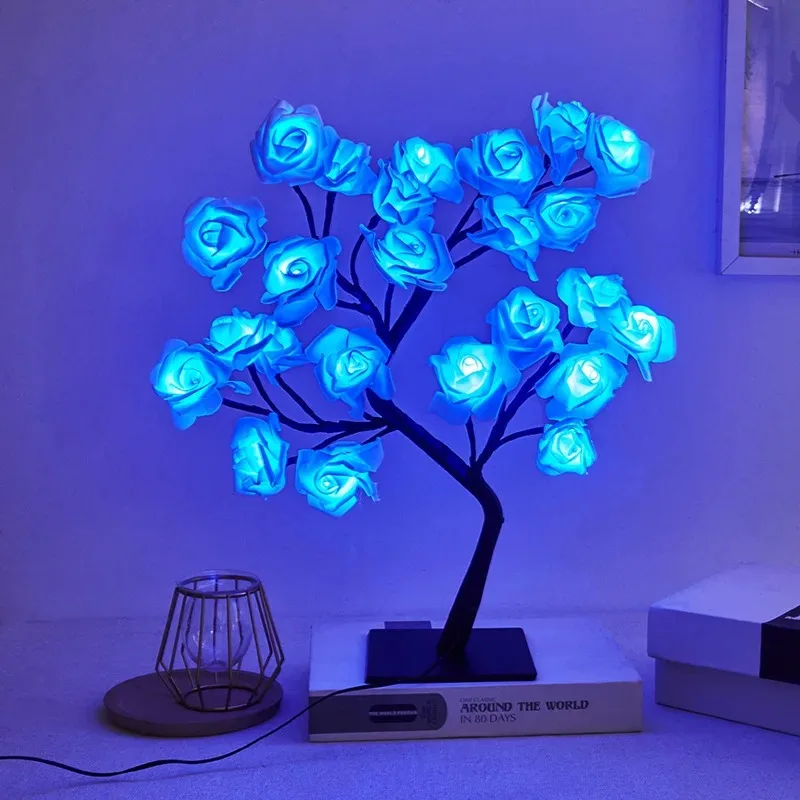 Led rosa árvore lâmpada de mesa alimentado por usb flor artificial luz da noite quarto sala estar festa casamento dia dos namorados decoração