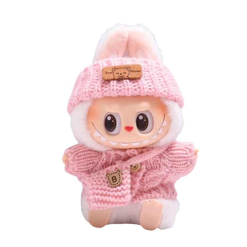 17cm Labubu 인형 액세서리 복장 곰 라벨 모자 러브 스웨터 세트 귀여운 장식 작은 옷 장난감 수집가를위한 옷