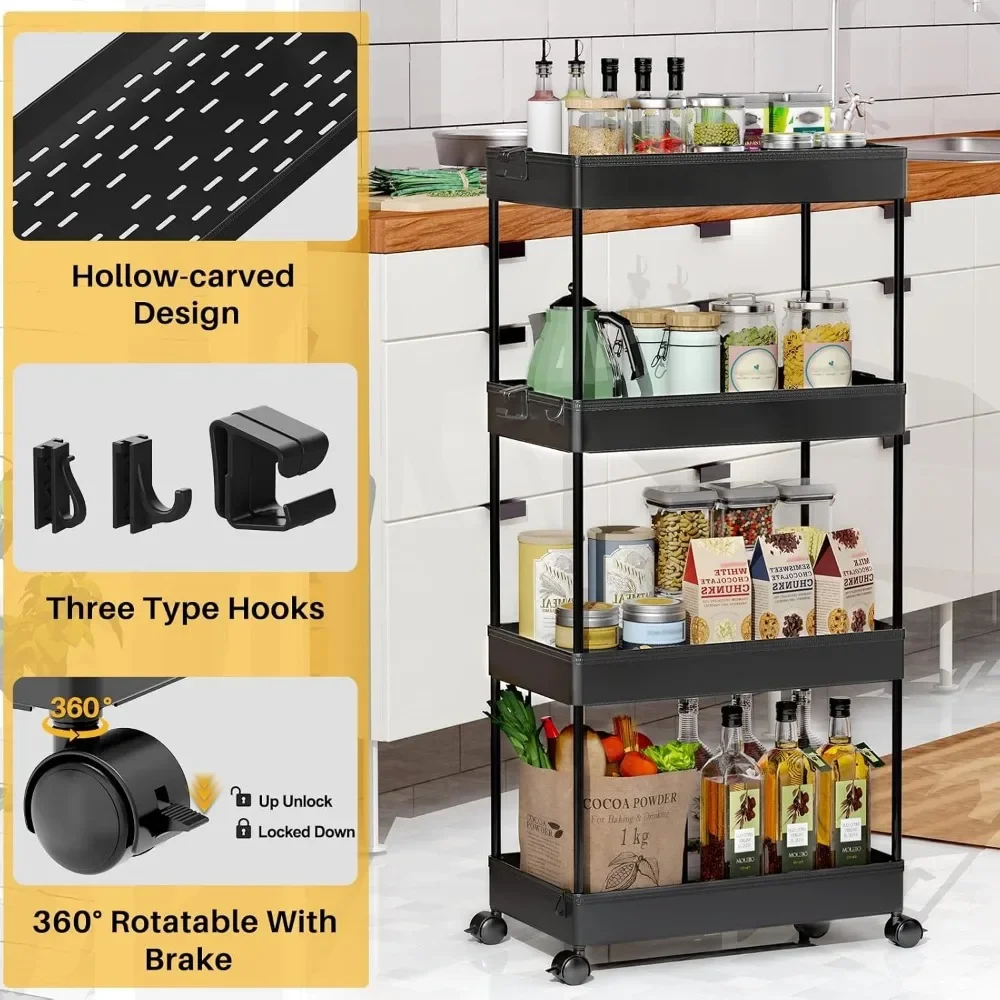 

Storage Cart,4-Tier Mobile Shelving Unit,Bathroom Rollin Cart Utility Storage Organizer Shelf for Kitchen Living closet organize