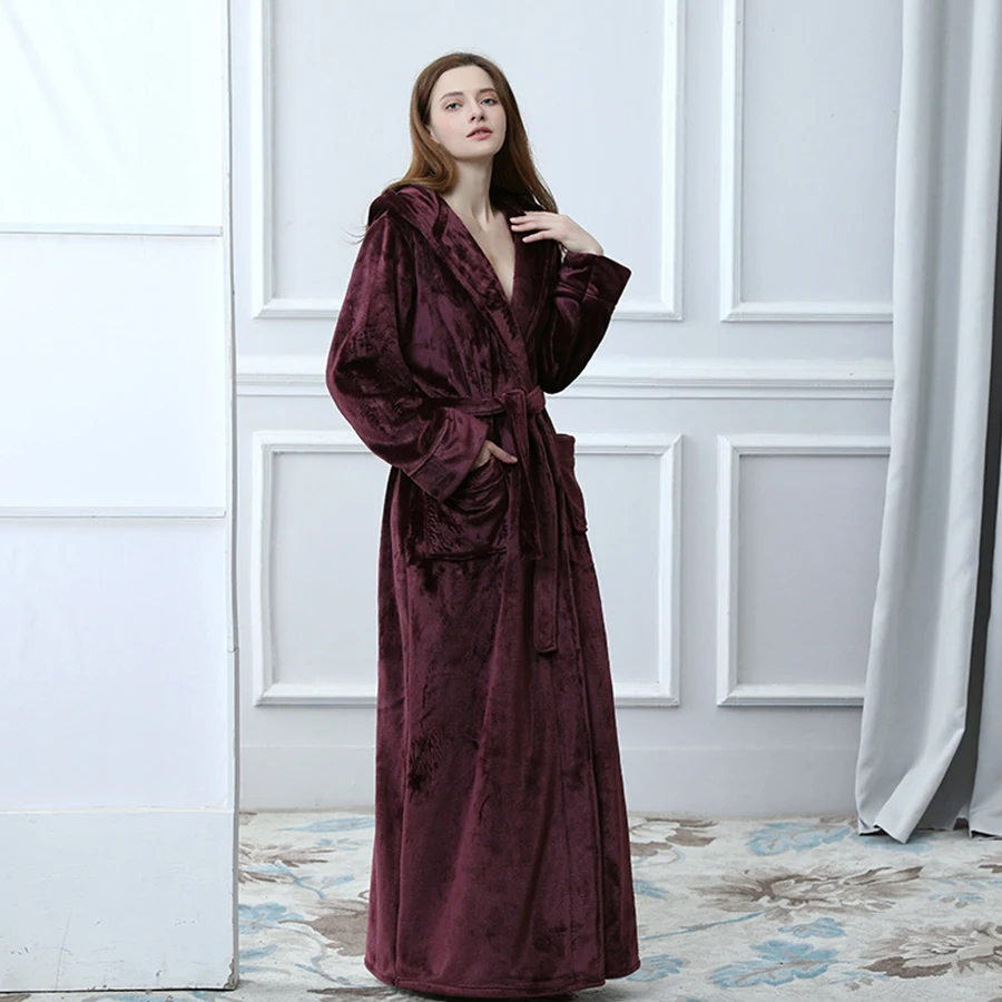 Winter Extra Long Warm Thick Hooded Bathrobe Women/Men Unisex Dressing Gown Female Sexy Long Sleeve Ankle Bath Robe