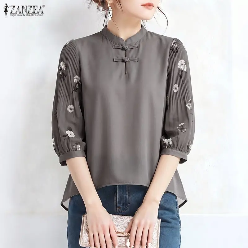 

Женская летняя блузка ZANZEA с цветочным принтом и пэчворком, элегантная плиссированная рабочая рубашка, винтажная туника с воротником-стойкой и рукавом 3/4, асимметричная блузка-рубашка