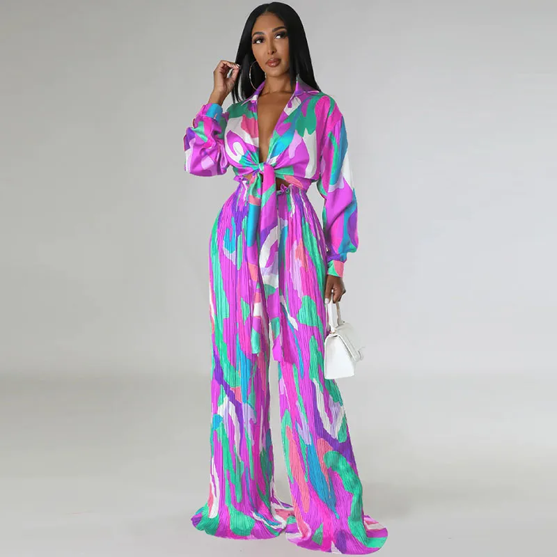 

Aesthetic Printing Two Piece Pants Set Women Elegant Satin Long Sleeve Shirt Top and Pleated Wide Leg Pants Loose Casual Outfits