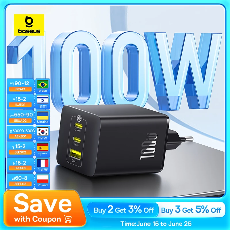 Carregador rápido baseus 100w gan, carregador rápido para xiaomi, samsung, iphone, laptop, tablet, carregador pd com carregador de telefone usb