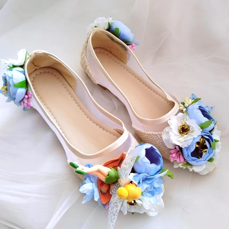 

Bridal Cute Angle with 3D Flowers Flats loafer Shoes Mesh Patchwork Pointed Toe Slip On Woman Lolita Single Shoes