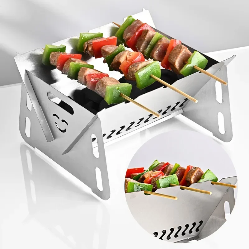 New Mini Outdoor Folding Barbecue Stove Stainless Steel Convenient Card Type Firewood Stove Barbecue Grills Rack Household Stove