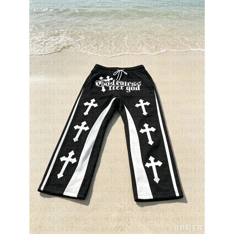 Men's Casual Street Style Trendy Cross Print Fashionable Slightly Flared Black and White Color-Block Design Sweatpants Kid Pants