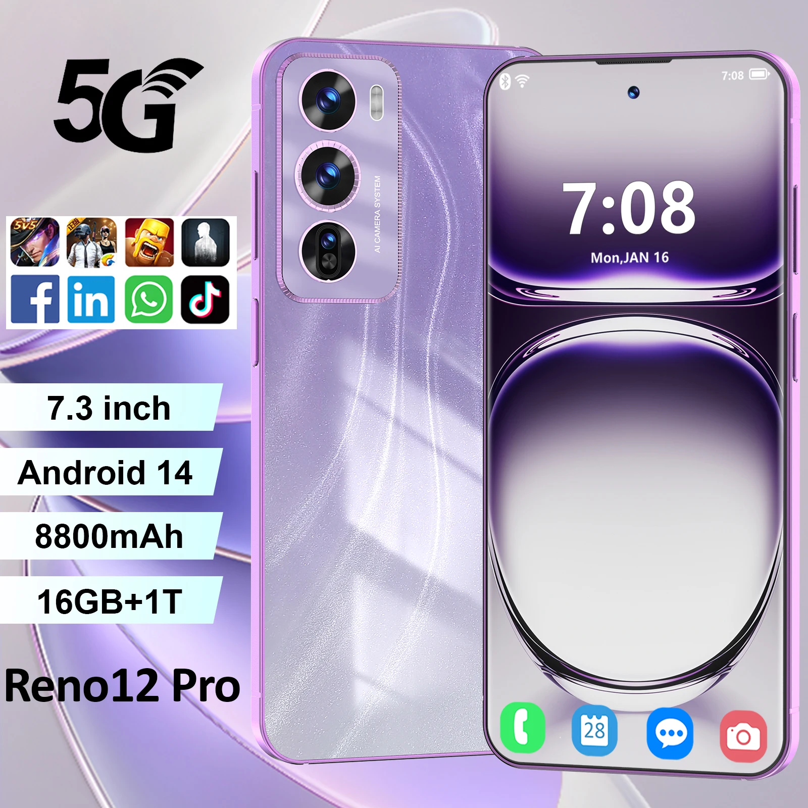 Smartphone Reno12 Pro unlocked HD Screen maximum memory 16GB+1TB 5G Dual Sim Celulares Android14 Unlocked 8800mAh Cell celular