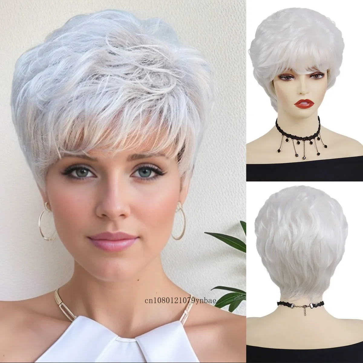 

Synthetic White Wigs with Bangs for Women Old Grandma Short Pixie Cut Wig Daily Cosplay Halloween Costume Party Natural Looking