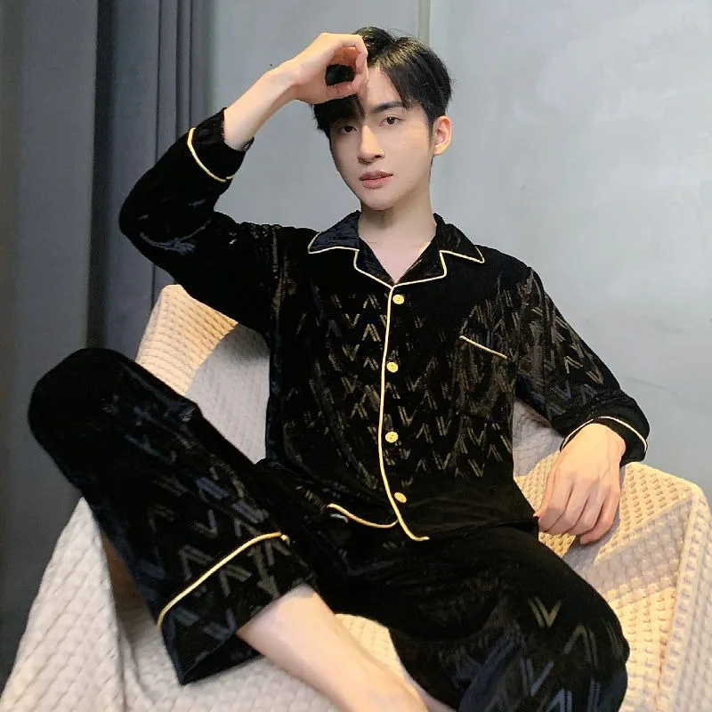 2024 New Gold Velvet Men's Pajamas Autumn Winter Long Sleeves Long Pants Loungewear Light Luxury Homewear Suit V-neck Sleepwear