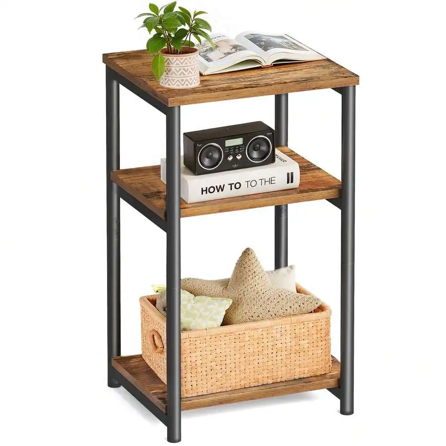 Side Table, Small End Table, Tall Nightstand For Living Room, Bedroom, Office, Bathroom, Rustic Brown And Classic Black