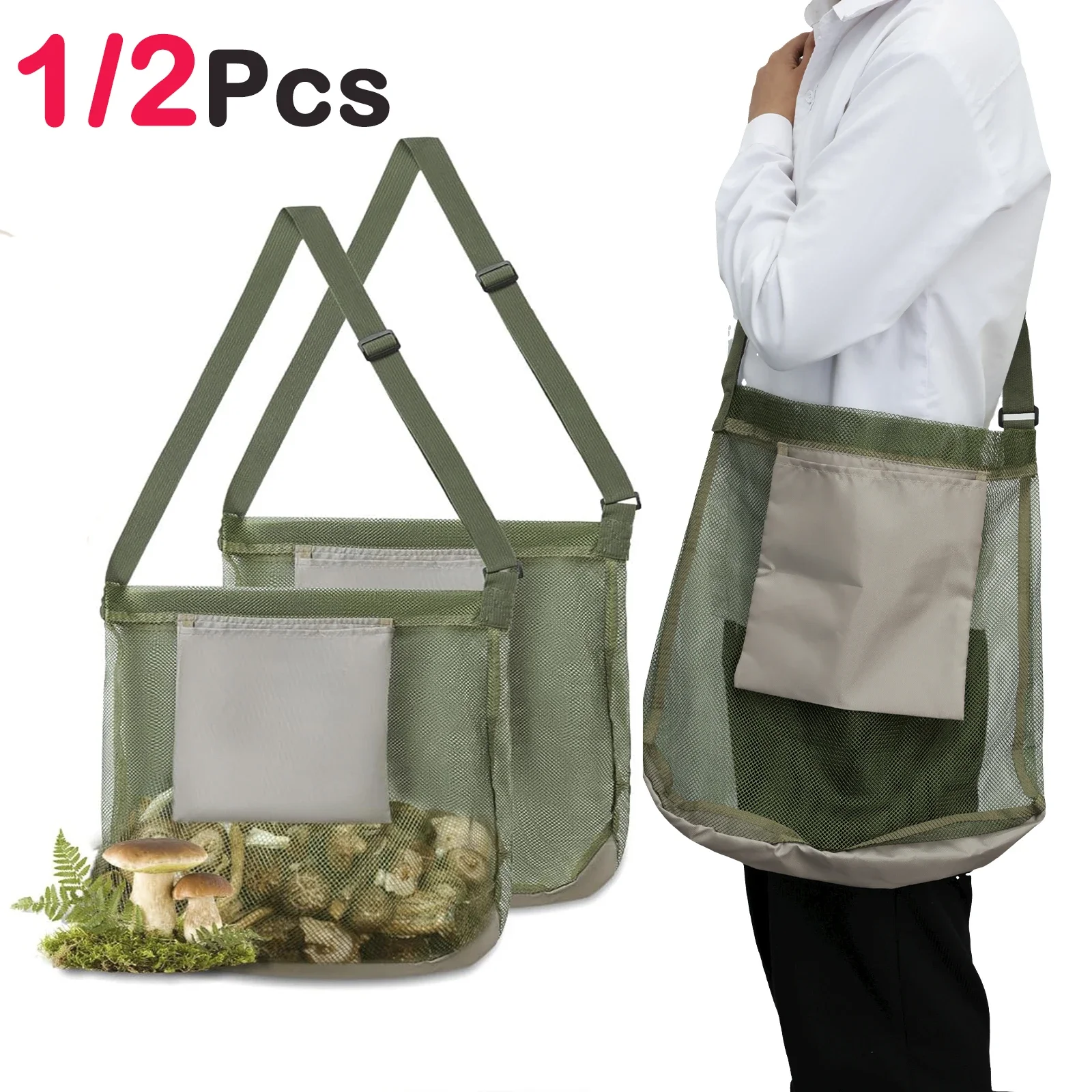 1/2Pcs Multipurpose Storage Bag Mesh Mushroom Foraging Bag With Adjustable Shoulder Strap Large Capacity Outdoor Shopping Pouch