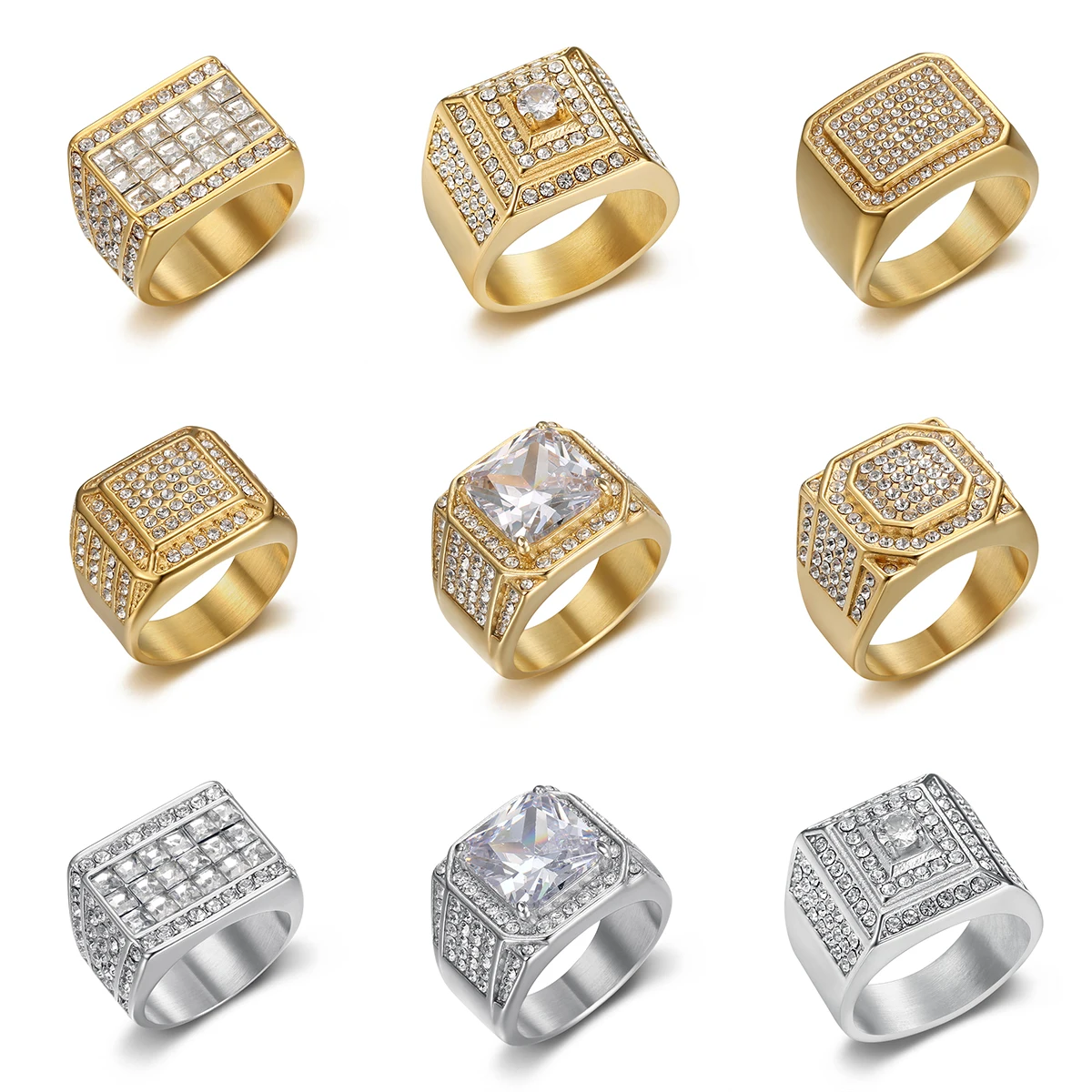 

Zircon Iced Out Wedding Rings Unisex 18K Gold Plated Stainless Steel Vintage Hip Hop Jewelry for Party Gift