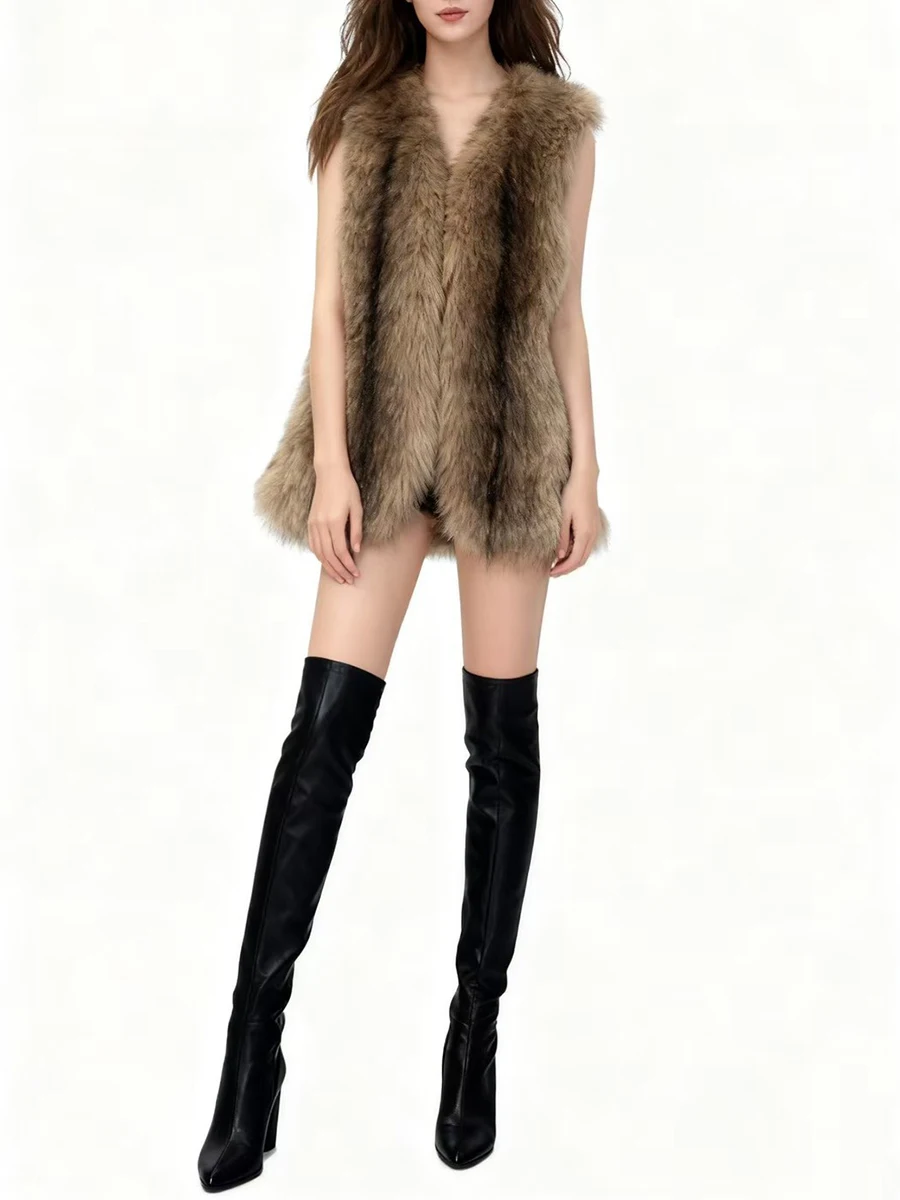 TWOTWINSTYLE Temperament Fake Fox Fur Waistcoat for Women O Neck Sleeveless Loose Basics Fashionable Cardigans Female Autumn New