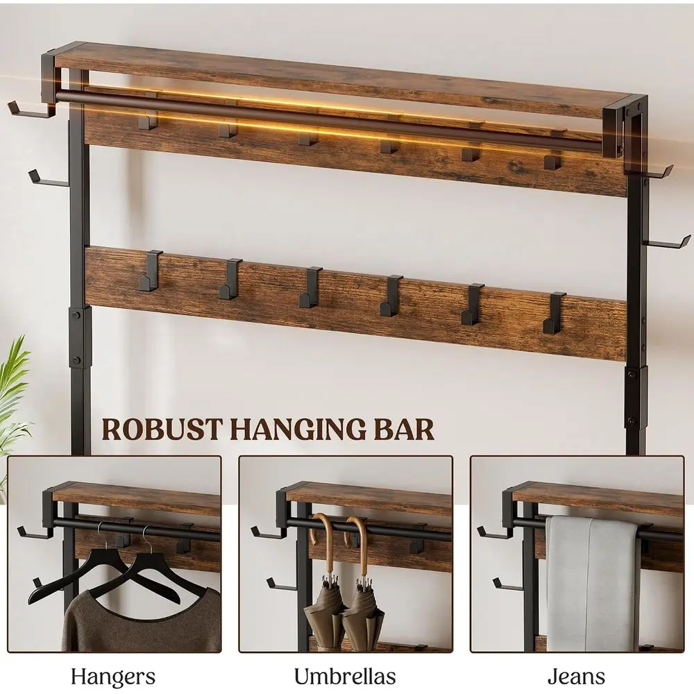 Coat Rack, 39.4” Hall Tree with Shoe Storage Bench, Rustic Brown | 5 in 1 Entryway urniture Organizer, 21 Hooks, 2 abric Ders, H view 4