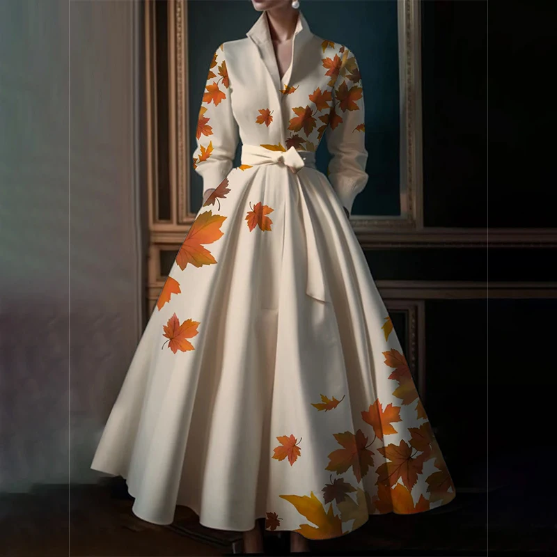 

Leaf Pattern Maxi Dresses for Women Girls Multicolor Stand Collar Long Sleeve Elegant Long Dress Party Wedding Evening Dress