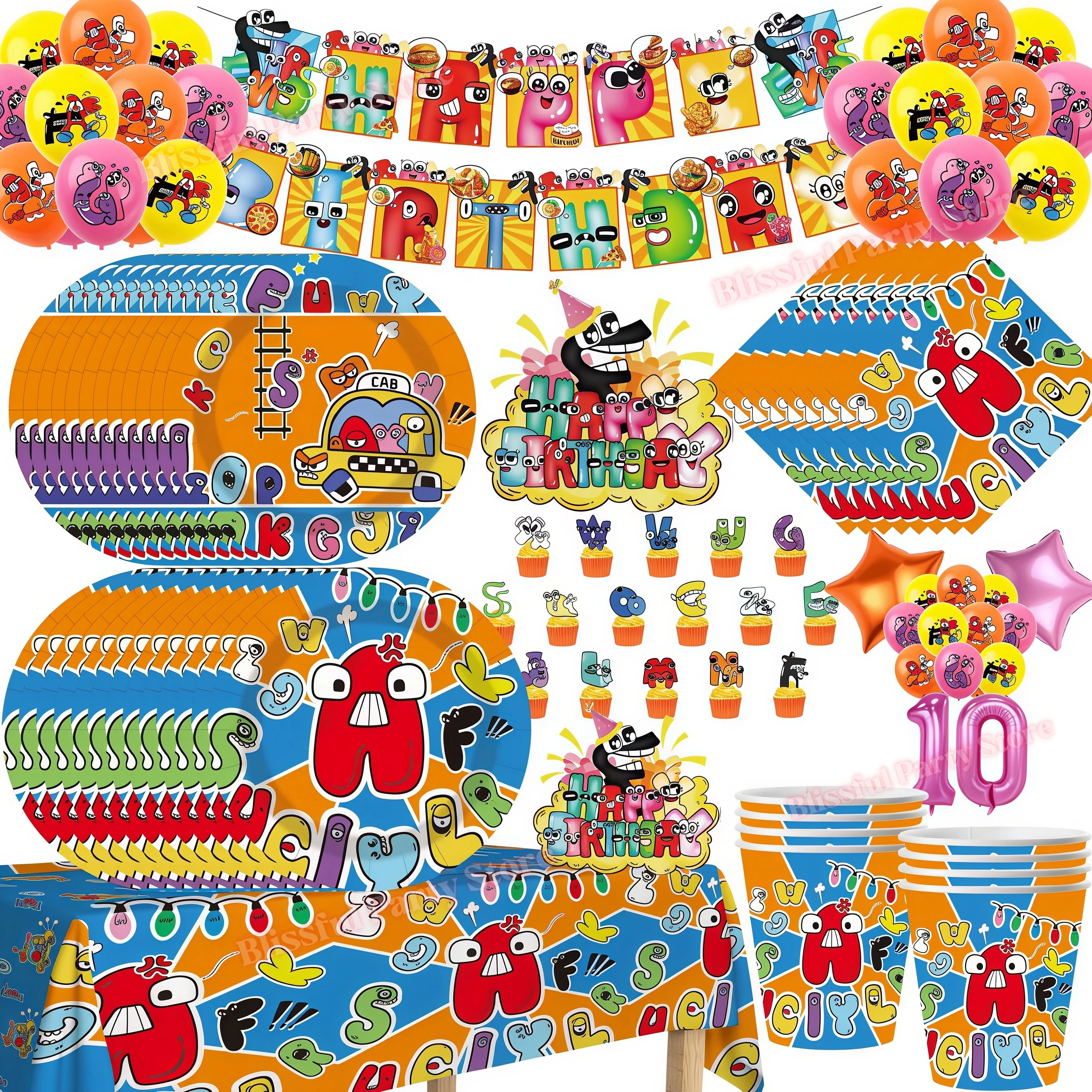 Farbige Alphabet-Lore-Geburtstagsparty-Dekorationen: Zahlen- und Buchstaben-Teller, Ballons, Tortenaufsatz, Foto-Requisiten, Babyparty-Geschenke