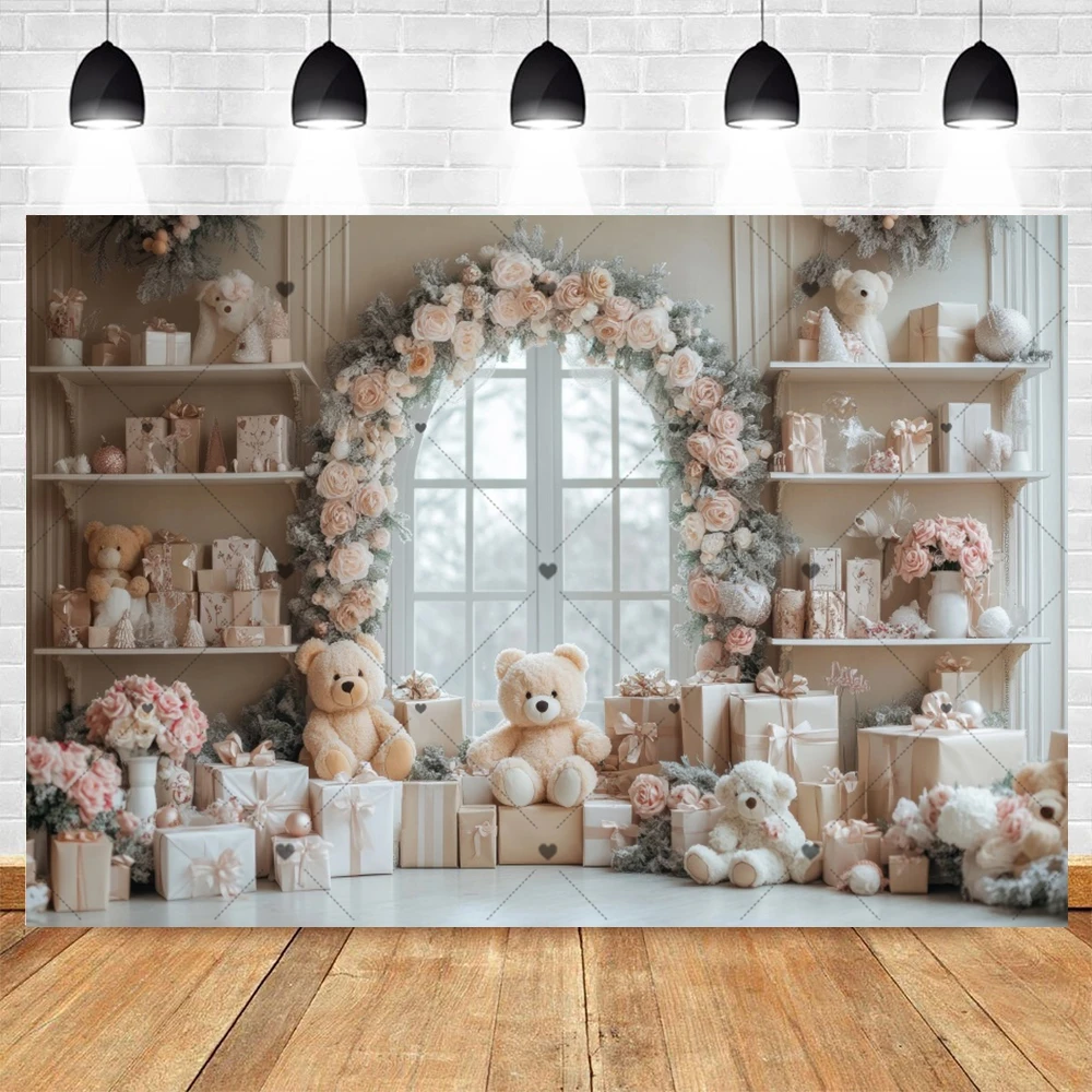 خلفية زينة عيد الميلاد الأول لحديثي الولادة، خلفية لطيفة على شكل دببة، نافذة ورود، نافذة داخلية لحفلات استقبال المولود الجديد، خلفية للتصوير الفوتوغرافي لمنطقة التصوير