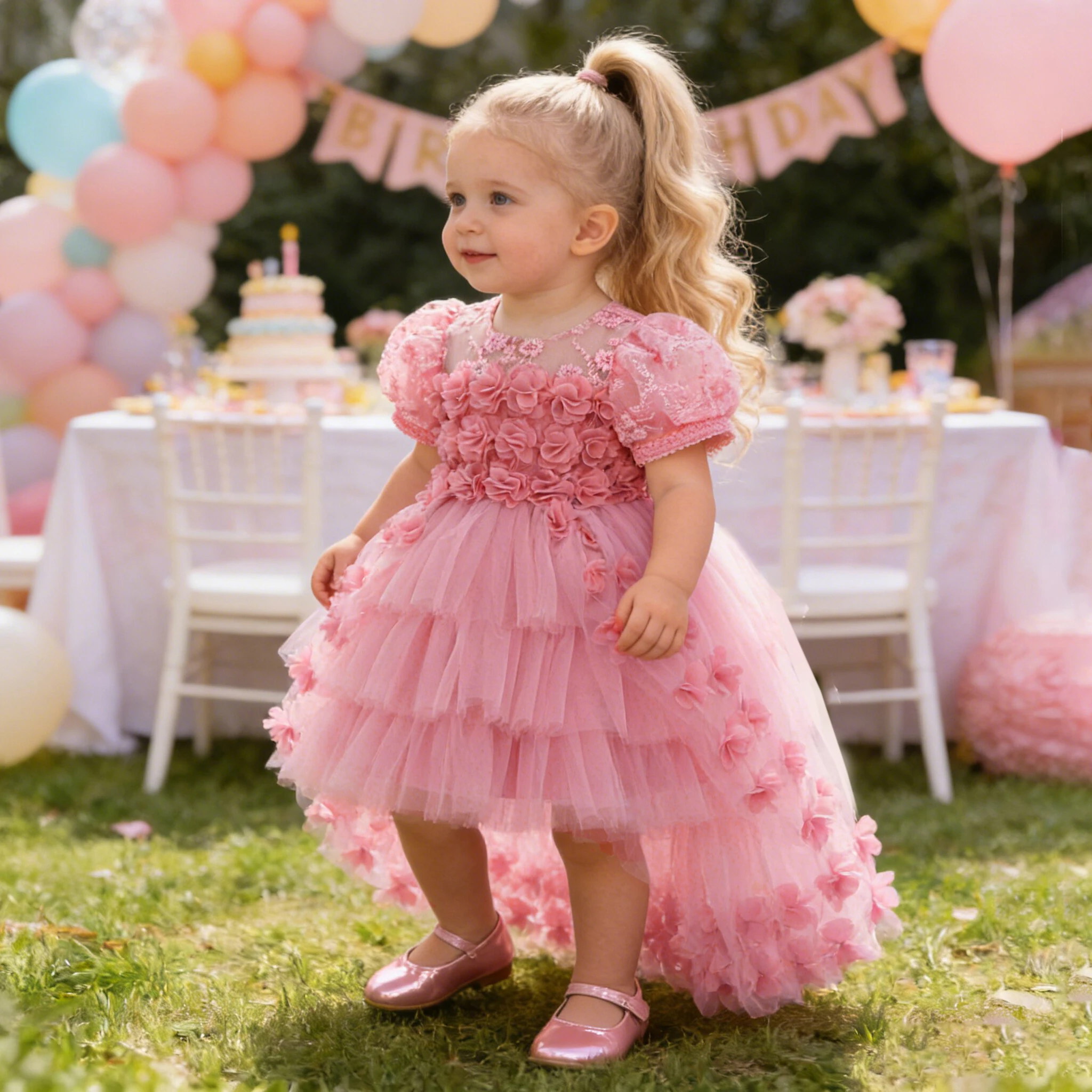 Elegant Flower Princess Party Baby Girls Dress Puff Sleeve Pink 1st Birthday Wedding Dress for Kids Summer Christening Prom Gown