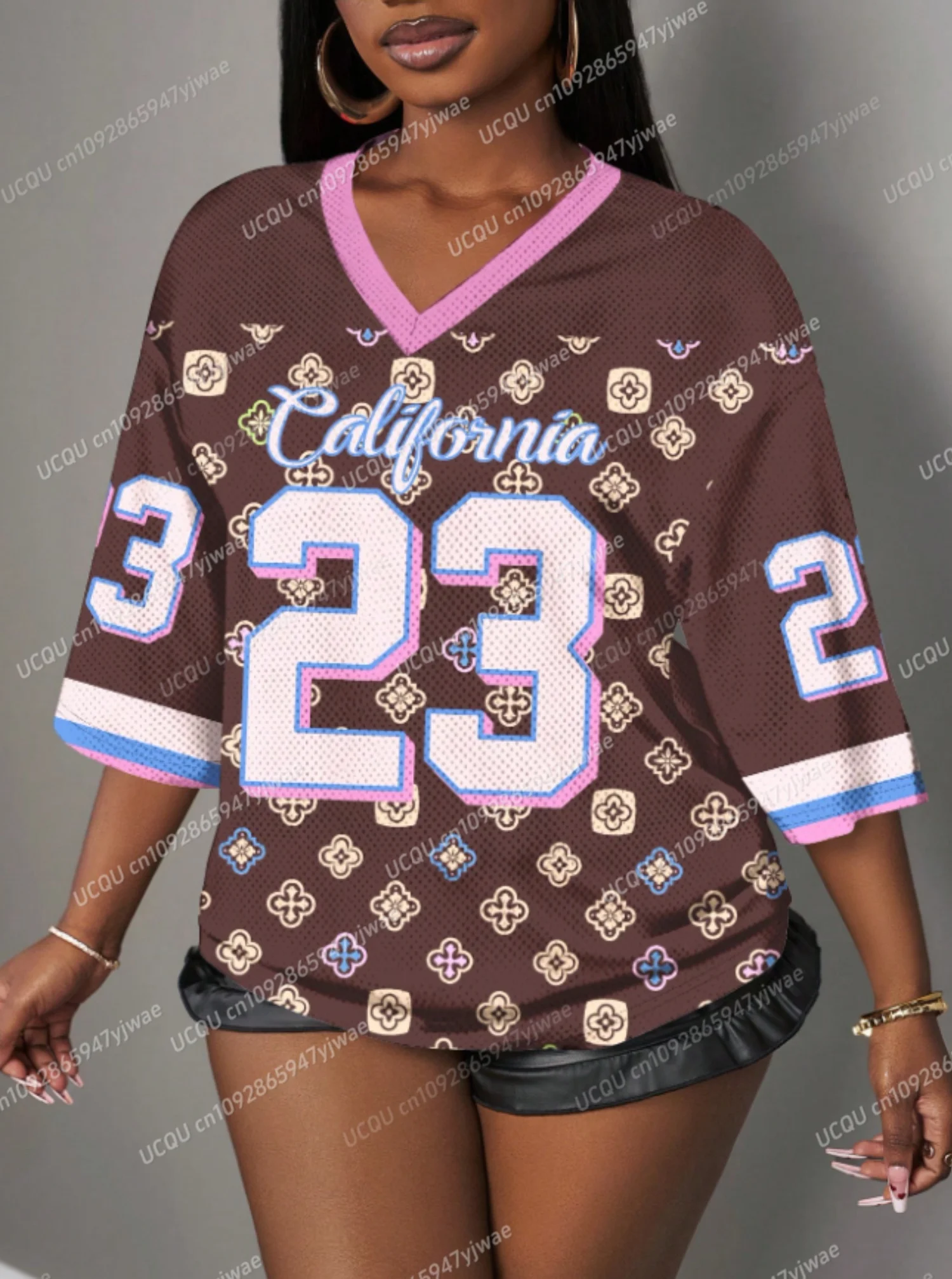 Summer California 23 print T Shirt For Women Mesh fabric Striped V-Neck Tee Summer  Harajuku Trend Short Sleeve Streetwear Tops