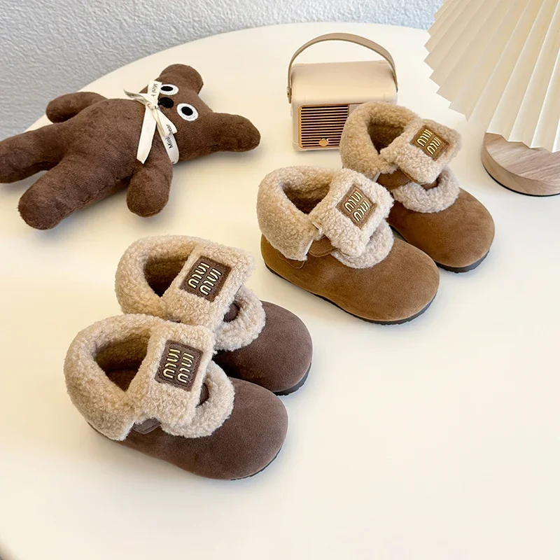 Padded Shoes Children Snow Boots Winter Girl Winter Footwear Plush Furry Ankle Shoes Faux Suede Booties Buckle Belt Botas Mujer