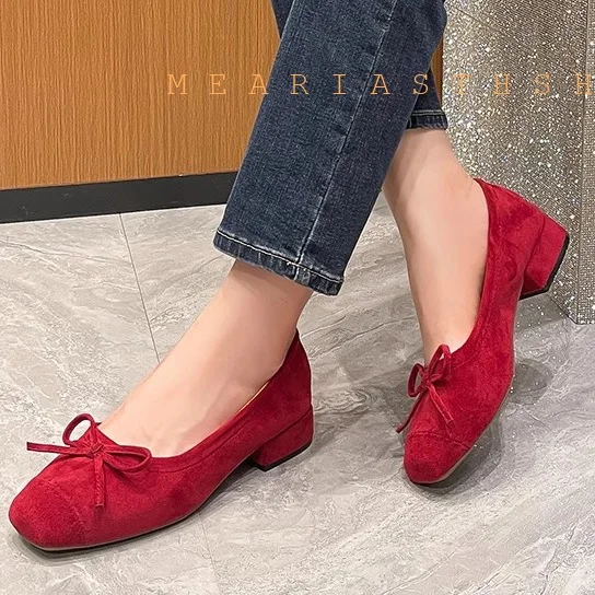 

French Style Velvet Ballet Flat Shoes with Bowknot Red Heels for Women Spring Autumn New Arrival Comfortable Low Heel Mary Janes