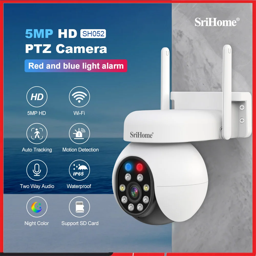 Srihome SH052 Wifi 5MP Wireless PTZ IP AI Auto Tracking Sound&Light Alarm Starlight Color Night Vision Outdoors Surveillance Cam