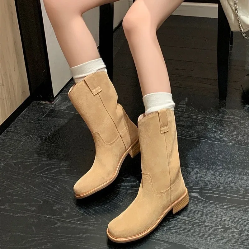 2025 Footwear Denim Ladies Boots Middle Heel Shoes for Women Half High Cowgirl Mid Calf Cowboy New Rock in On Promotion Fashion