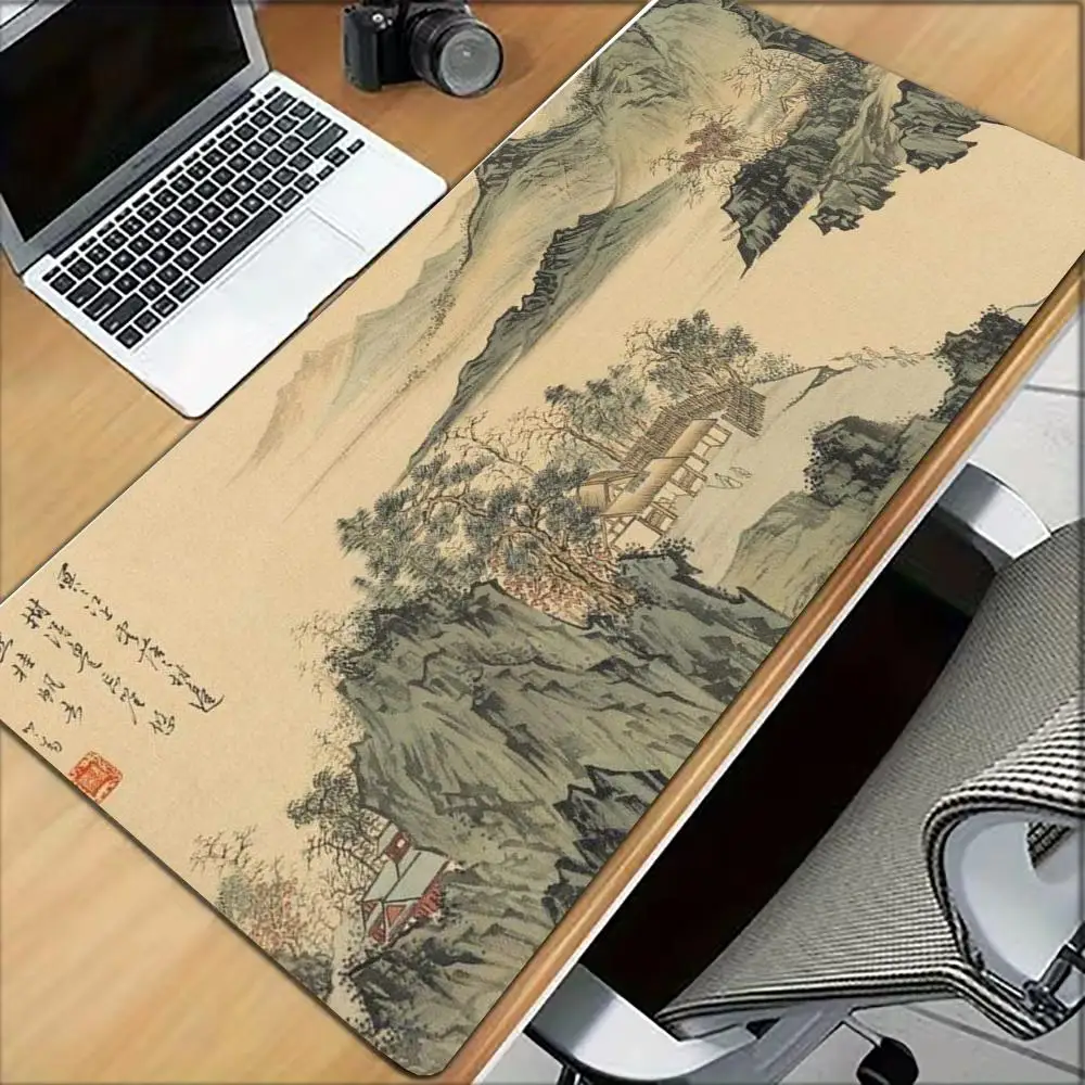 Large XXL Gaming Mouse Pad Desk Mat Keyboard Pad Vintage Chinese Traditional Painting Mountain Non Slip Rubber Extended Desk Mat
