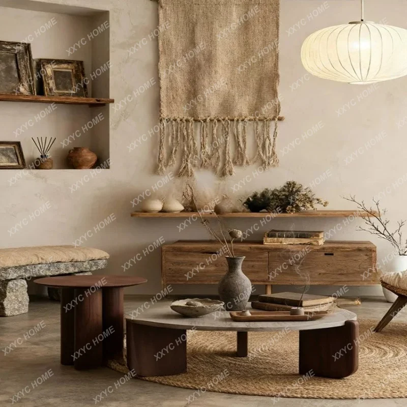 Wabi Sand Wind Minimalist Solid Wood Travertine Coffee Table Small Apartment Living Room Household, Retro, Coffee Table