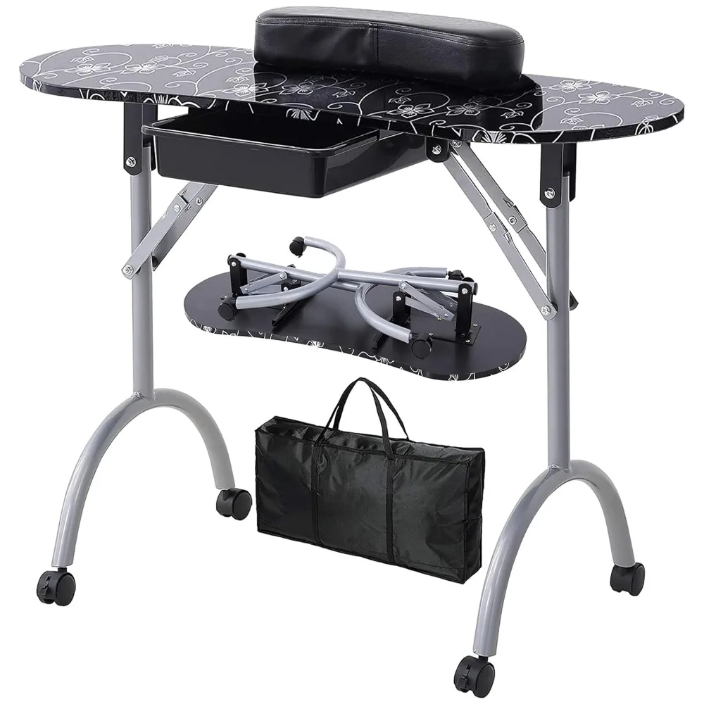 

Nail Table- Manicure Tables with Carrying Bag, Salon Station Foldable Nail Desk with Large Drawer, Wrist Rest, Lockable Wheels