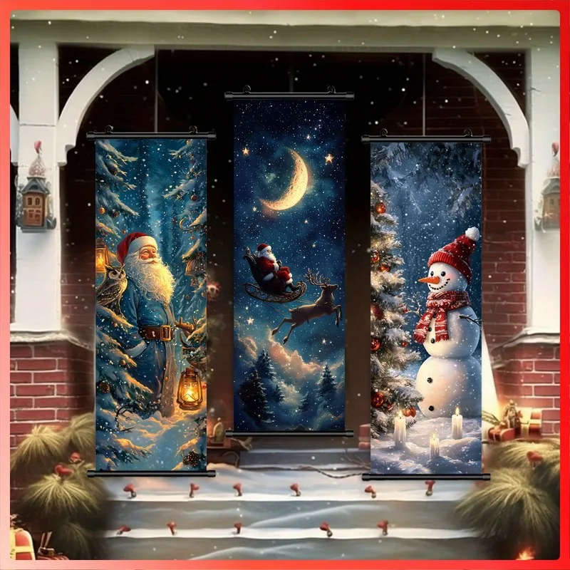 VIKAMA Christmas 3-Piece Wall Banner Set, Wreath Reindeer Candles Dark Green Scroll Tapestry for Xmas Door Decor