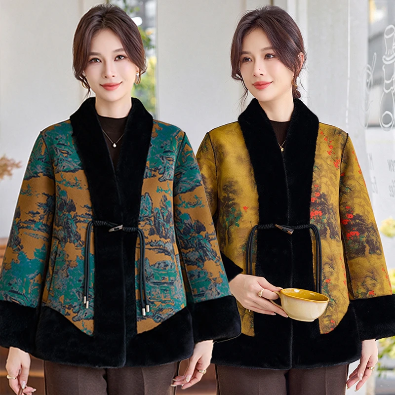 Korean Women Long Sleeves Faux Fur Jacket Winter Lady Double Sided Fur Coat Middle Aged Mother Large Size Plush Outwear