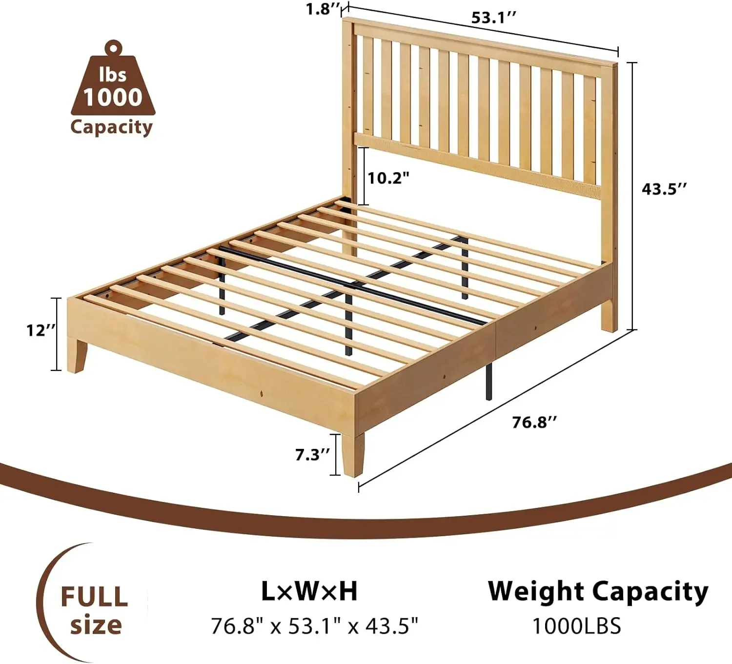 Full Solid Wood Bed Frame with Grilled Headboard, Mid-Century Modern Platform Bed with Wood Foundation