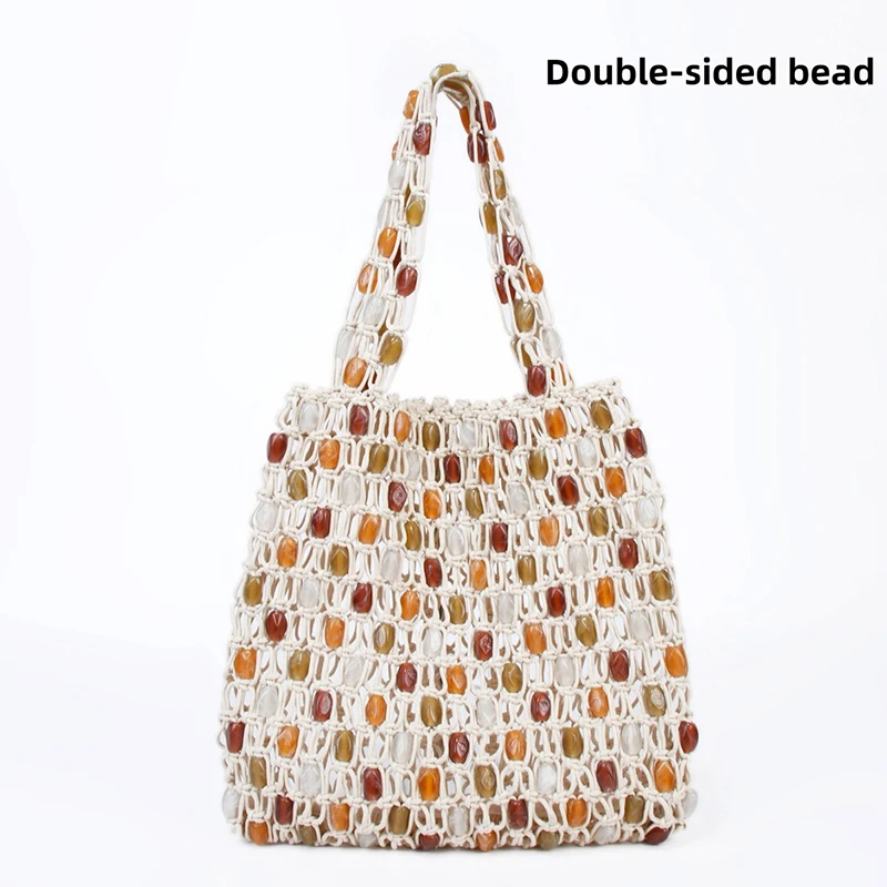 

Colorful Beaded Handmade Hollow Crochet Mesh Net Handbag,Women Large Capacity Top Handle Summer Beach Purse ,Lightweight Chic