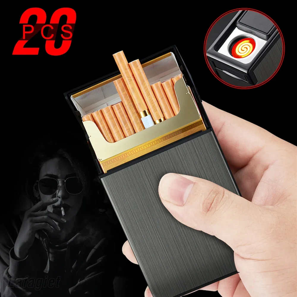 Long Cigarette Case USB Charging Lighter 20Pcs Capacity Metal Cigarette Box Tobacco Holder Replaceable Wire Windproof Lighter