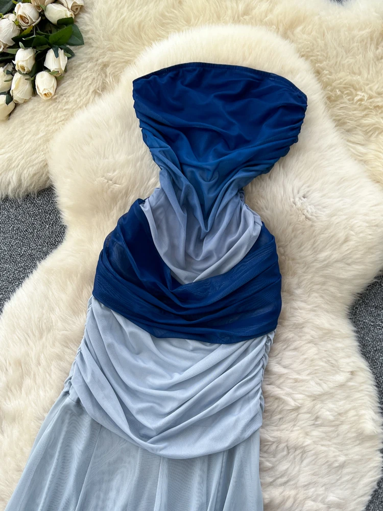 Blue Gradient Off-Shoulder Holiday Dress Women's High-End Slim Fit Fish Tail Tulle Long Skirt French Style High Waist Polyest...
