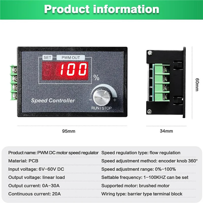 A37T-4X PWM DC Motor Speed Controller 6-60V 30A With Digital Display & Robust PCB - Perfect For Various Machines
