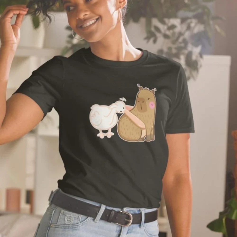 Capybara Pelican Meme T-Shirt, lustiges Tier-Design-Shirt, niedliche Tiere, bedrucktes T-Shirt für Männer und Frauen, täglich, Rundhalsausschnitt, Baumwolle, kurzärmelig