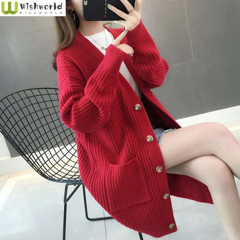 

Женский вязаный кардиган, свободный свитер средней длины в Корейском стиле в иностранном стиле, весна-осень 2022