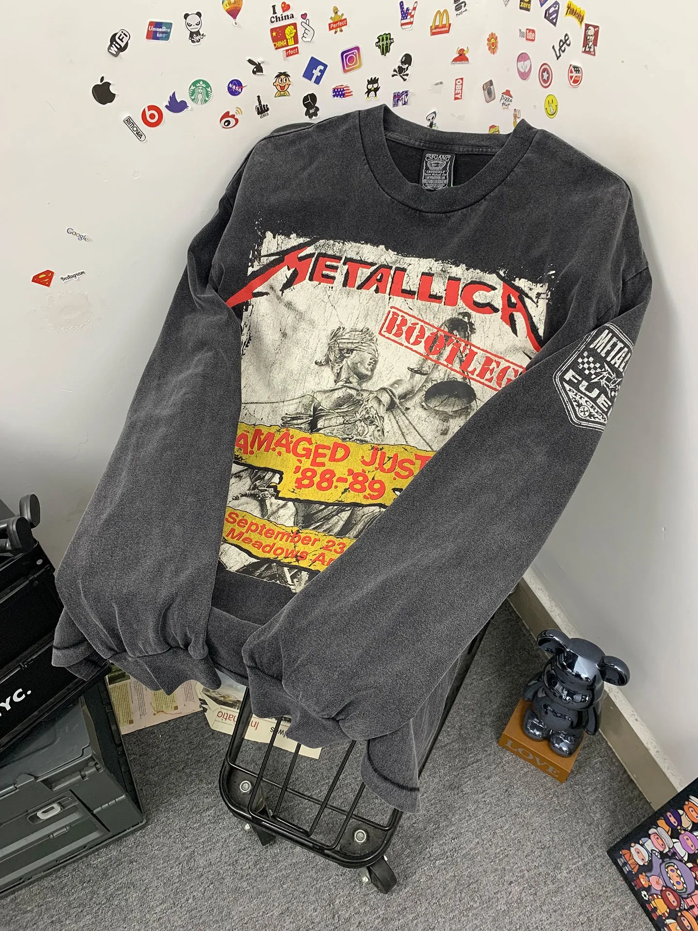 American Heavyweight Rock Band Vintage Masked Goddess Print Washed Distressed Loose High Street Long Sleeve T-Shirt Men